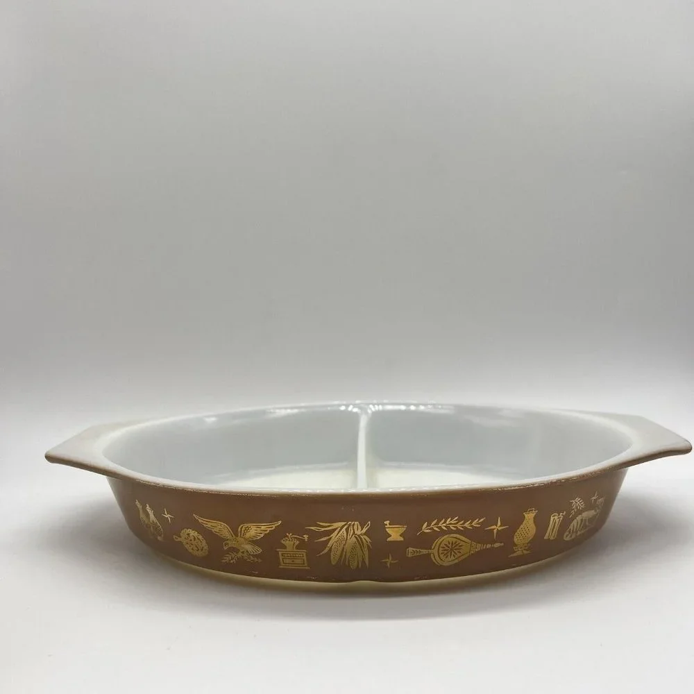 Pyrex #12 Divided Dish Early American Gold on Brown 1.5 qt 1962-71 Vintage